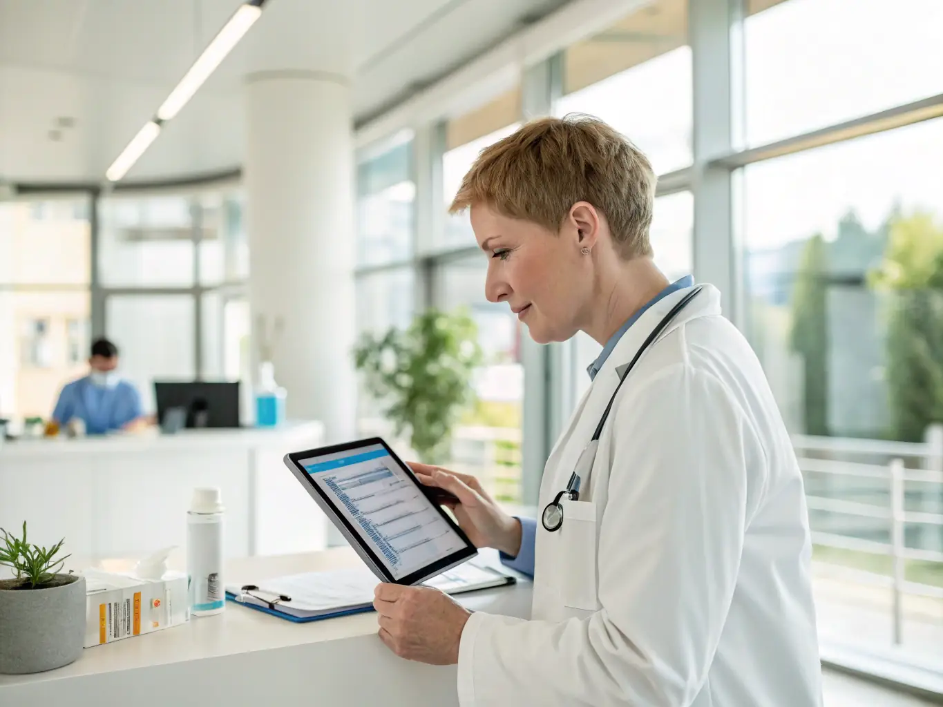 A doctor is reviewing a child's medical history on a tablet during an appointment. The tablet screen shows the PediatricHealers online booking system with the child's upcoming appointments.