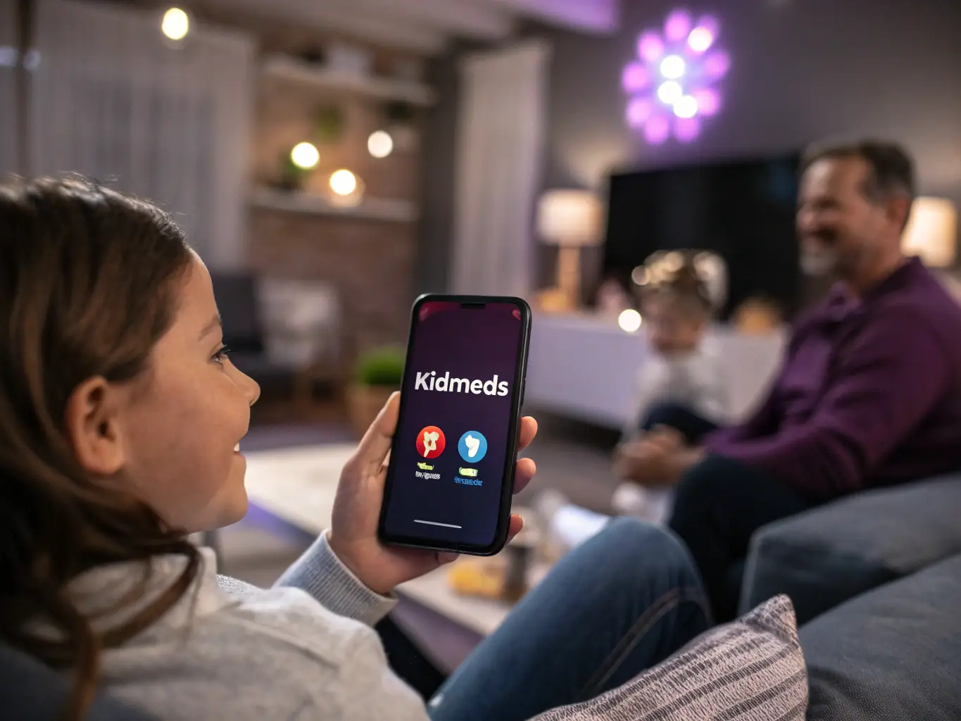 A parent smiles as they easily book a pediatric appointment on their smartphone in a brightly lit, modern living room. The PediatricHealers logo is subtly visible in the corner of the screen.