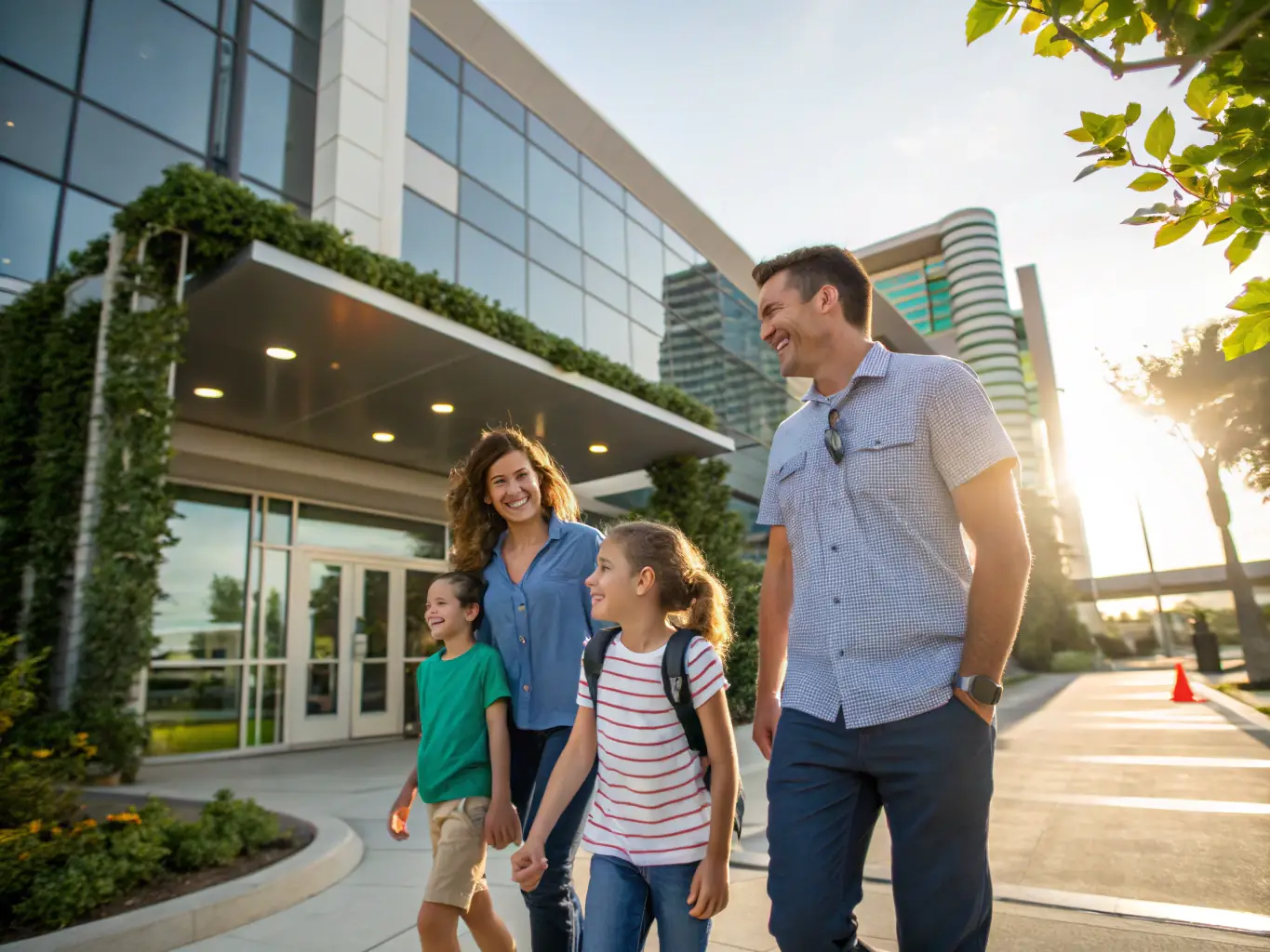 A family is happily leaving the PediatricHealers hospital after a successful appointment. The hospital's modern and child-friendly exterior is visible in the background.